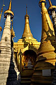 Inle Lake Myanmar. Indein, on the summit of a hill the  Shwe Inn Thein Paya a cluster of hundreds of ancient stupas. Many of them are ruined and overgrown with bushes.